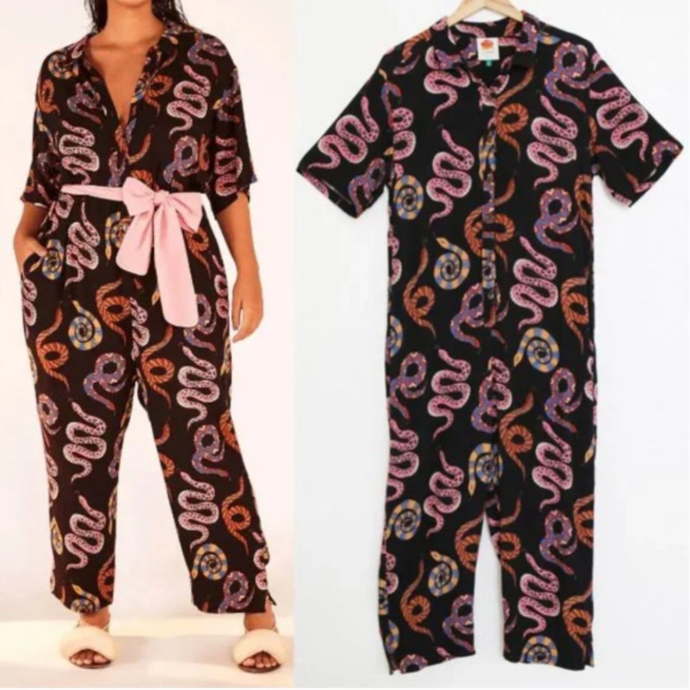 Farm Rio Wild Life Snake Print Relaxed Fit Button Front Jumper Jumpsuit Black XS